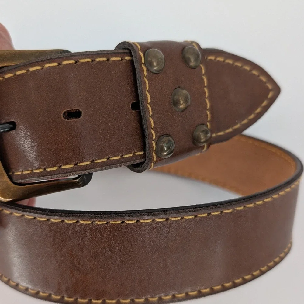 VTG Studded Leather Belt Men 40 Brown Brass Buckle Western Rustic‎ Cowboy Moto